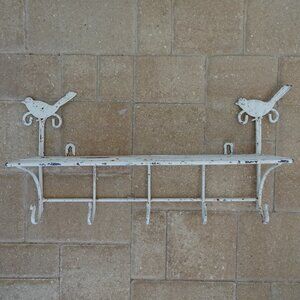 Metal Wall Hanging Shelf 5 Hooks Birds Aged Look Shabby Chic 18" Outdoor Plants